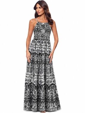 Printed Smocked Maxi Dress in Black & White